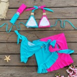 Women Solid Patchwork Bikini Bikini Short Skirt Three-Piece Swimwear