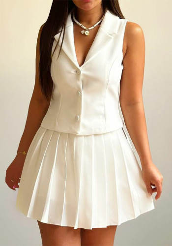 Women's Turndown Collar Sleeveless Vest Top Pleated Mini Skirt Fashion Casual Two-Piece Set