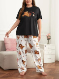 Plus Size Women Cute Bear Printed T-shirts and Pants Pajamas Two Piece