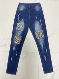 Ripped Women's Leopard Print Patch High Waist Denim Pants