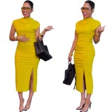 Women Solid Slit Chic Midi Bodycon Dress