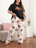 Plus Size Women Cute Bear Printed T-shirts and Pants Pajamas Two Piece