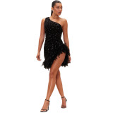 Fashion Slash Shoulder Feather Sequin Slit Club Dress