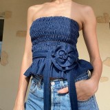 Summer Women sexy retro denim blue flower pleated Strapless Top