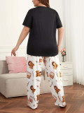 Plus Size Women Cute Bear Printed T-shirts and Pants Pajamas Two Piece