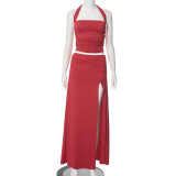 Women summer Chic Solid Halter Neck sleeveless gathered Top And Long Skirt two-piece set