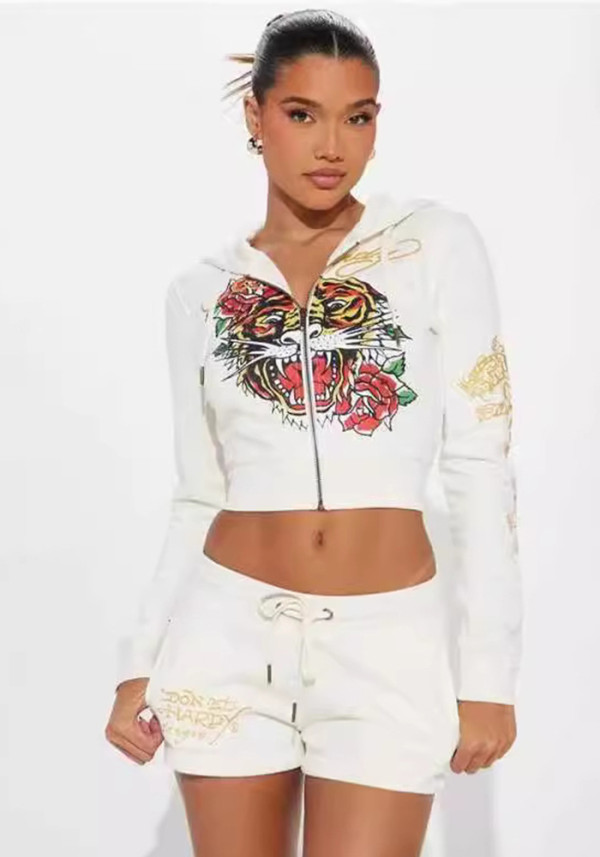 Women fashion print Hoodies and Shorts two piece set