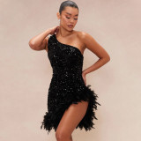 Fashion Slash Shoulder Feather Sequin Slit Club Dress