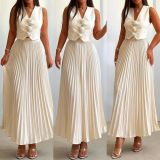 Women's Summer Flower Sleeveless Vest Top Pleated Long Skirt Two-Piece Set