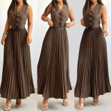 Women's Summer Flower Sleeveless Vest Top Pleated Long Skirt Two-Piece Set