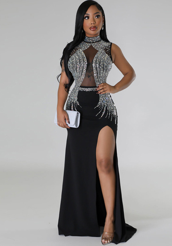 Women's Fashion Solid Color Beaded Mesh Hollow Slit Dress