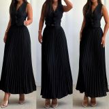 Women's Summer Flower Sleeveless Vest Top Pleated Long Skirt Two-Piece Set