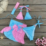 Women Solid Patchwork Bikini Bikini Short Skirt Three-Piece Swimwear