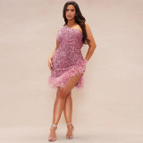 Fashion Slash Shoulder Feather Sequin Slit Club Dress