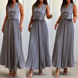 Women's Summer Flower Sleeveless Vest Top Pleated Long Skirt Two-Piece Set