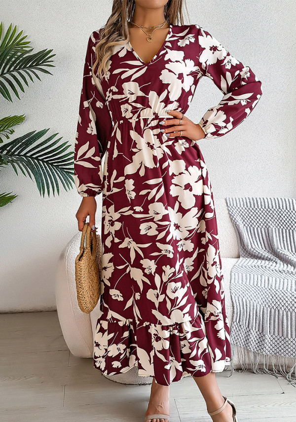 Autumn Winter Casual Flower Slim Waist Long Sleeve Women's Ruffle Midi Dress