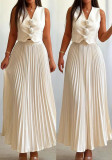 Women's Summer Flower Sleeveless Vest Top Pleated Long Skirt Two-Piece Set