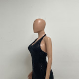 Women Backless Party sleeveless Halter Neck tassel sequin slit dress