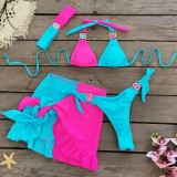 Women Solid Patchwork Bikini Bikini Short Skirt Three-Piece Swimwear