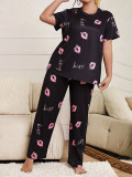 Plus Size Women Cute Bear Printed T-shirts and Pants Pajamas Two Piece