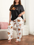 Plus Size Women Cute Bear Printed T-shirts and Pants Pajamas Two Piece