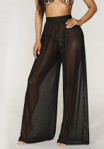 Sexy See-Through High Waist Solid Color Wide Leg Loose Trousers