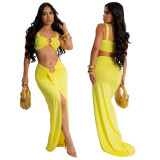 Women Sexy Suspender Top and Slit Bodycon Long Skirt Two-piece Set