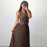 Women's Summer Flower Sleeveless Vest Top Pleated Long Skirt Two-Piece Set