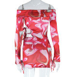 Women's Fashion Print Sexy Off Shoulder Bell Bottom Sleeve Trendy Two Piece Skirt Set