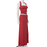 Women summer Chic Solid Halter Neck sleeveless gathered Top And Long Skirt two-piece set