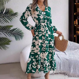 Autumn Winter Casual Flower Slim Waist Long Sleeve Women's Ruffle Midi Dress