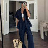 Women's Cargo Style Drawstring Pocket Shirt Pants Two-Piece Set