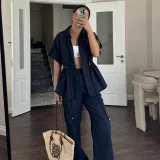Women's Cargo Style Drawstring Pocket Shirt Pants Two-Piece Set