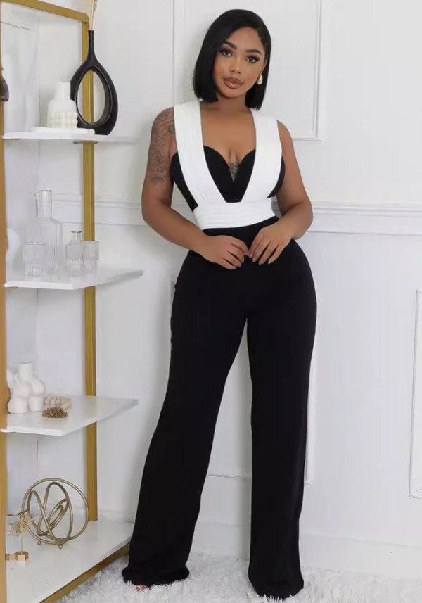 Sexy Color Block Stretch Wide Leg Zipper Jumpsuit