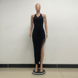 Women Backless Party sleeveless Halter Neck tassel sequin slit dress