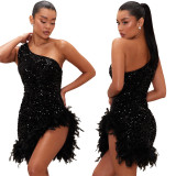 Fashion Slash Shoulder Feather Sequin Slit Club Dress