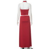 Women summer Chic Solid Halter Neck sleeveless gathered Top And Long Skirt two-piece set