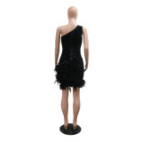 Fashion Slash Shoulder Feather Sequin Slit Club Dress