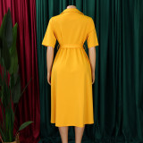 Plus Size Women Summer Short Sleeve Turndown Collar Lace-Up Solid African Dress