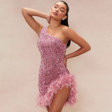 Fashion Slash Shoulder Feather Sequin Slit Club Dress