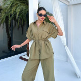 Women's Cargo Style Drawstring Pocket Shirt Pants Two-Piece Set