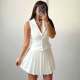 Women's Turndown Collar Sleeveless Vest Top Pleated Mini Skirt Fashion Casual Two-Piece Set