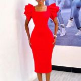 Women Chic Career Square Neck Ruffle Sleeve Party Dress
