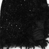 Fashion Slash Shoulder Feather Sequin Slit Club Dress