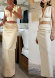 Spring Summer Turndown Collar Sleeveless Top Long Skirt  Casual Two-Piece Set