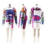 Contrast Patchwork Graffiti Letter Long-Sleeved T-Shirt Dress Autumn Loose Top