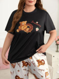 Plus Size Women Cute Bear Printed T-shirts and Pants Pajamas Two Piece