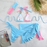 Women Solid Patchwork Bikini Bikini Short Skirt Three-Piece Swimwear