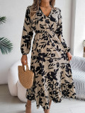 Autumn Winter Casual Flower Slim Waist Long Sleeve Women's Ruffle Midi Dress