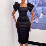 Women Chic Career Square Neck Ruffle Sleeve Party Dress